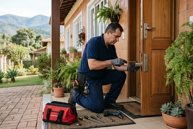 Chaveiro demonstrando técnicas de segurança em uma casa em Atibaia.