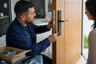 Chaveiro instalando uma fechadura nova em uma casa em Atibaia.