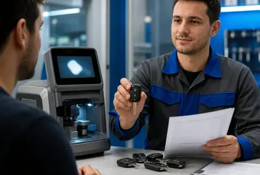 Chaveiro trabalhando em uma máquina de confecção de chaves codificadas em Atibaia.