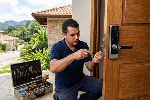 Fechadura digital em uma porta em Atibaia, mostrando tecnologia moderna.